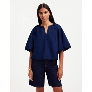 MADEWELL Bubble-Sleeve Top in Poplin 14 Deep Cobalt Blue V-Cut Crew Neck NWT B34